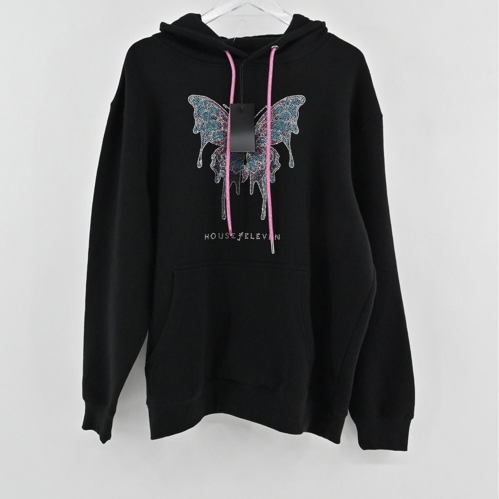 House of Eleven Rhinestone Hoodie Womens Size L Black Y2K‎ Butterfly Cotton